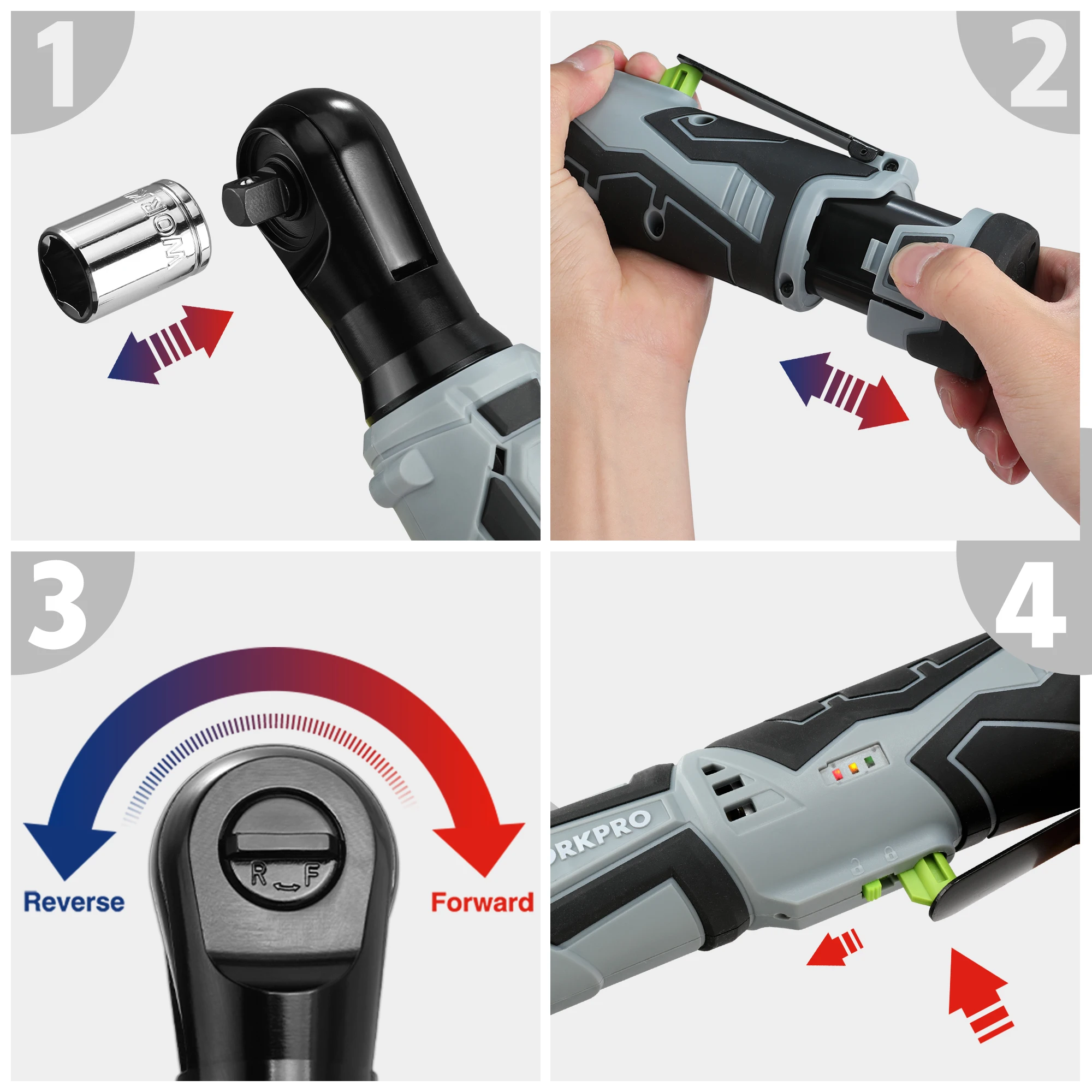 WORKPRO 12V Cordless Electric Ratchet Wrench Set, 3/8" Ratchet Tool Kit With 1/2 Packs 2000mAh Lithium-Ion Battery and Charger