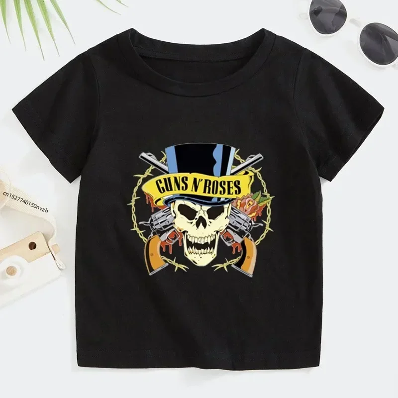 Summer 2T~14T Rock Band Gun N Roses Children\'s T Shirt Boys and Girls Kpop Music Short Sleeve Tops Kids Casual Cotton Clothes