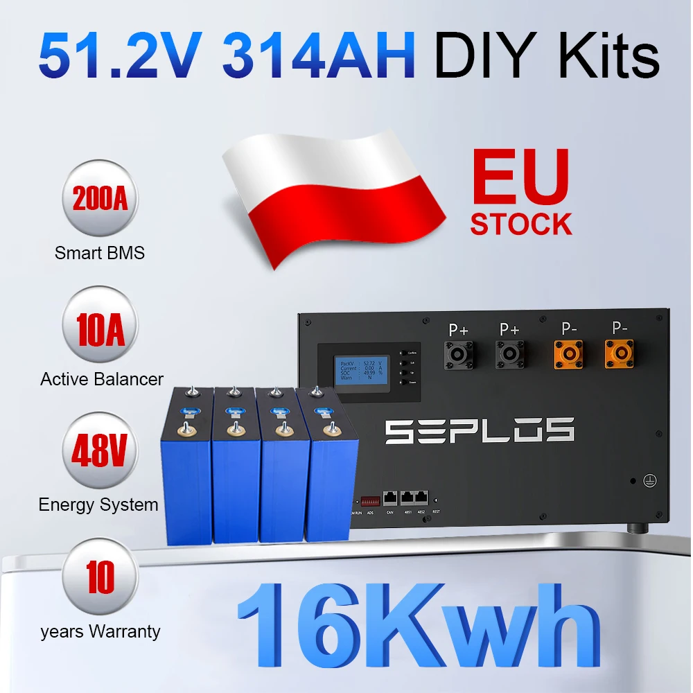Seplos V3 51.2V 280ah LiFePO4 Battery EVE Pack DIY Kits 300AH 320AH Smart BMS 200A 48V BMS Case Box For Home Solar Energy ESS