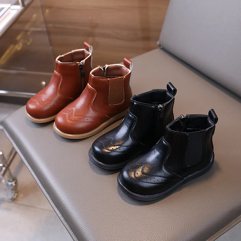 Children Leather Boots Girls Elegant Chelsea Boots Boys Handsome British Style Short Boots Baby Soft Autumn Shoes