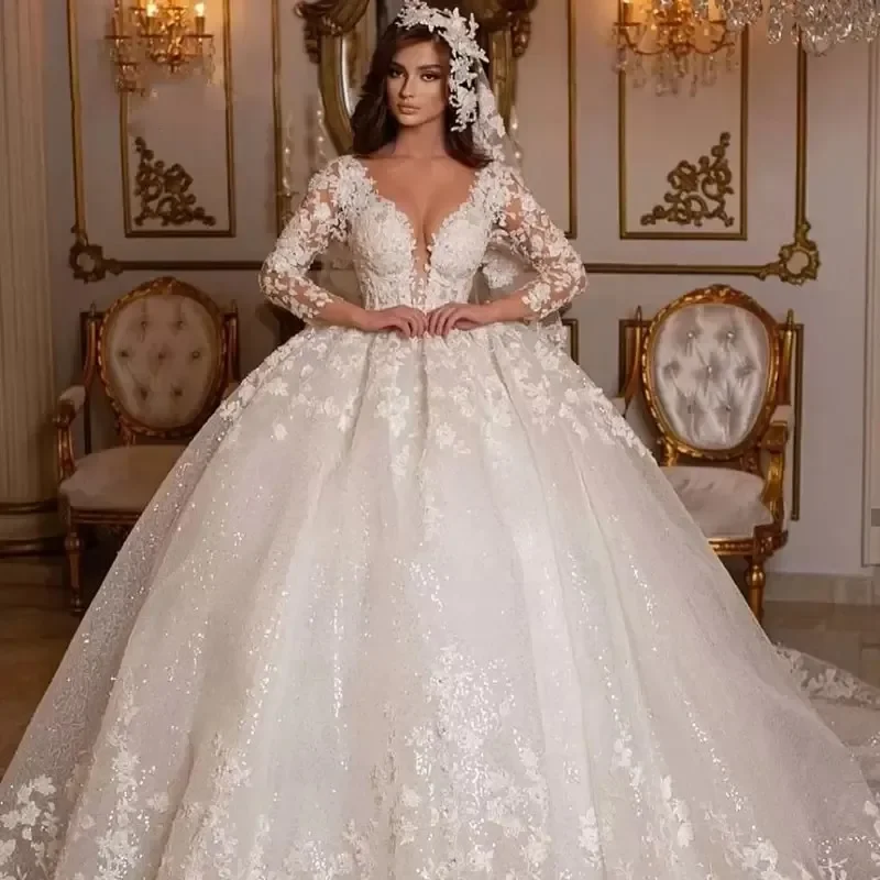 

Custom Vintage Tulle Lace Wedding Dresses Long Sleeves Court Train Princess Ball Gown Shiny Beading Bridal Gowns Dubai Marriage