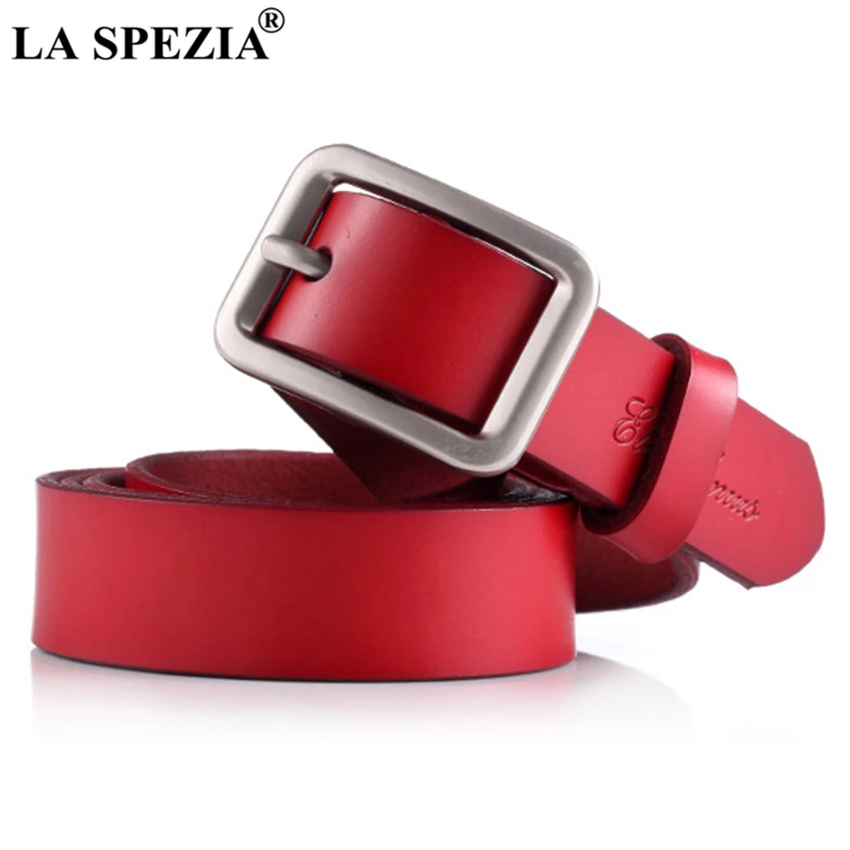 

LA SPEZIA Red Women Belt New Leather Belts Female Vintage Genuine Leather Cowhide Casual Brand Ladies Square Pin Buckle Belts