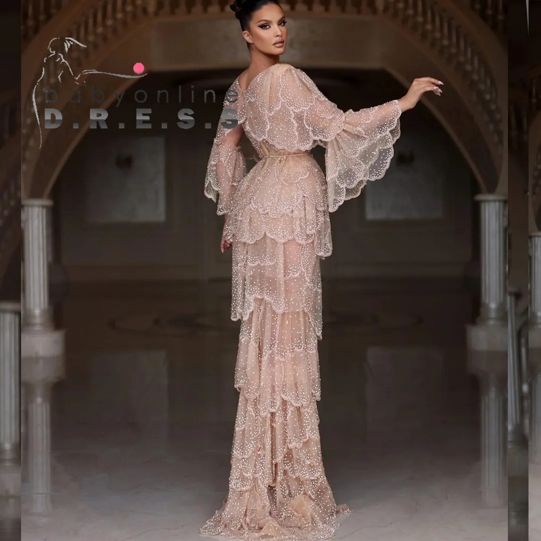 BABYONLINE Customized Arabic Nude Sparking Stone Gems Luxury Beige Wedding Gown with Full Wide Sleeves Tiered Gowns Bridal Party