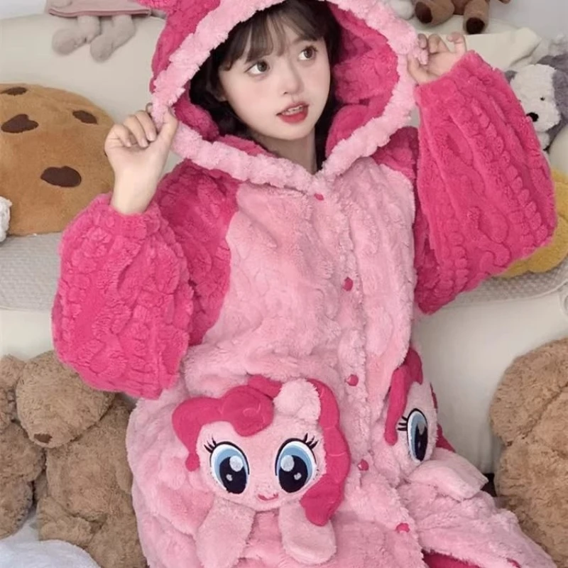 Anime My Little Pony Pajamas Cartoon Cute Women\'s Winter Warm Coral Fleece Hooded Home Clothes Robe Trousers 2 Piece Set