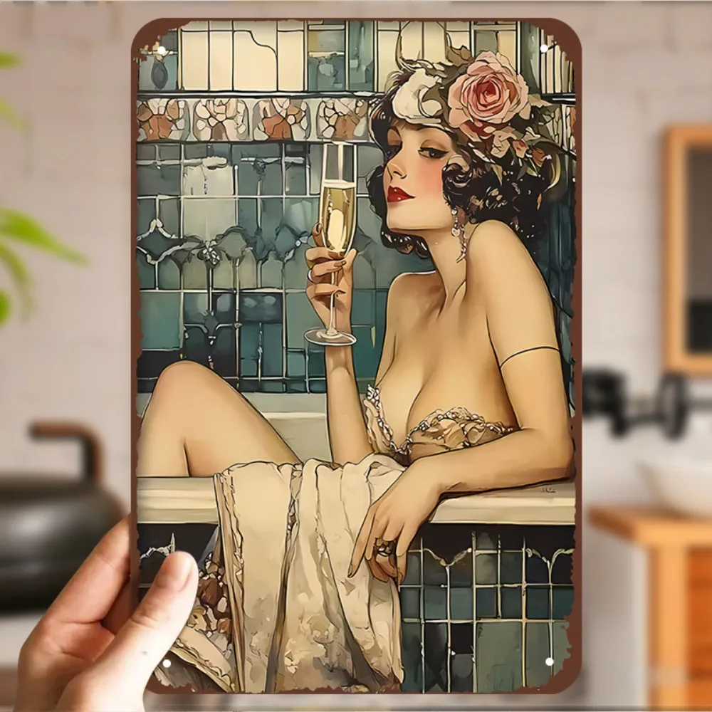 Vintage 1920s Lady in Bathtub Metal Wall Art Tin Sign Fashionable Retro Bedroom, Living Room 16x12inch 40x30cm 12x8inch 20x30cm