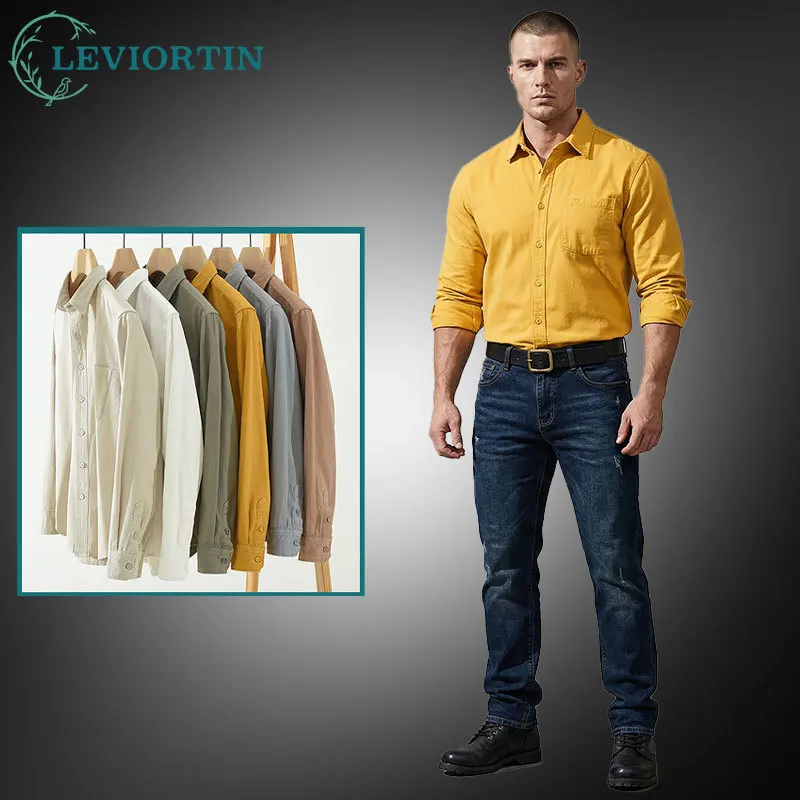 

Solid Color Work Shirt For Men Fashion Pure Cotton Versatile Artistic Casual Loose Button Down Cargo Shirts With Chest Pockets