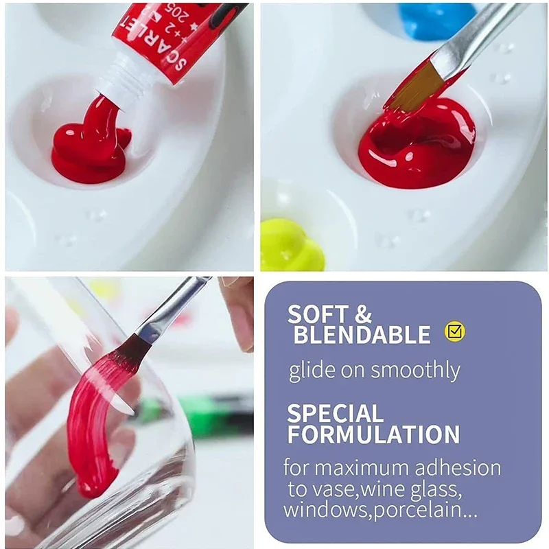 12/24 Colors 12ml Glass Paint Set with 6 Nylon Brushes, 1 Palette, Waterproof Pigment Tube Acrylic Painting Kit for Art Supplies