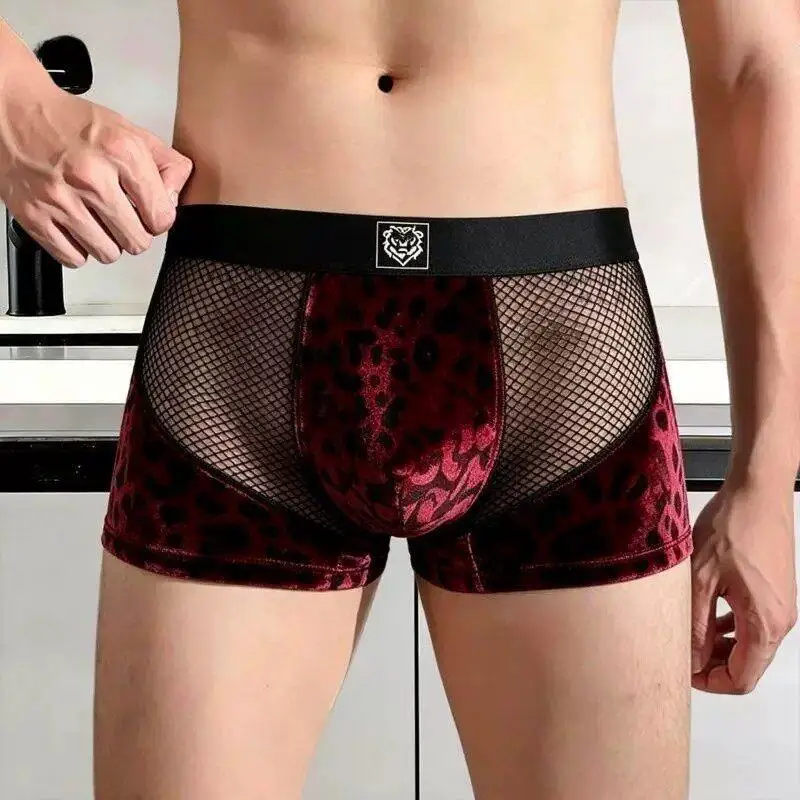 Comfortable Men's Velvet Underwear Breathable Ice Silk Burned Flower Net Pants Luxury Casual Sportswear mid Waist Design
