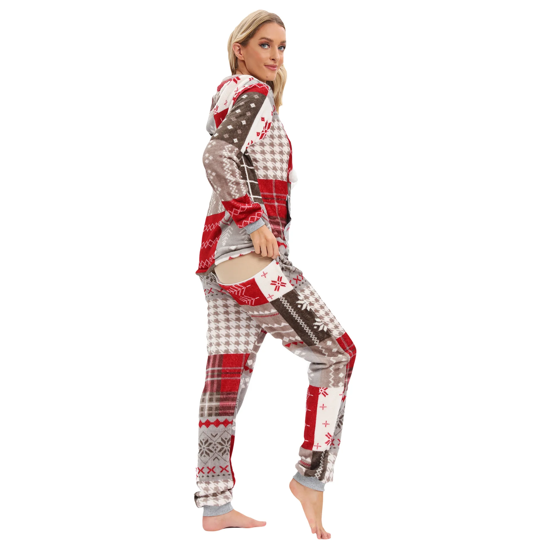 2022 Women Christmas Flannel Plaid Print Pajamas One-Piece Pijamas Adults Cosplay Costume Hooded Onesie