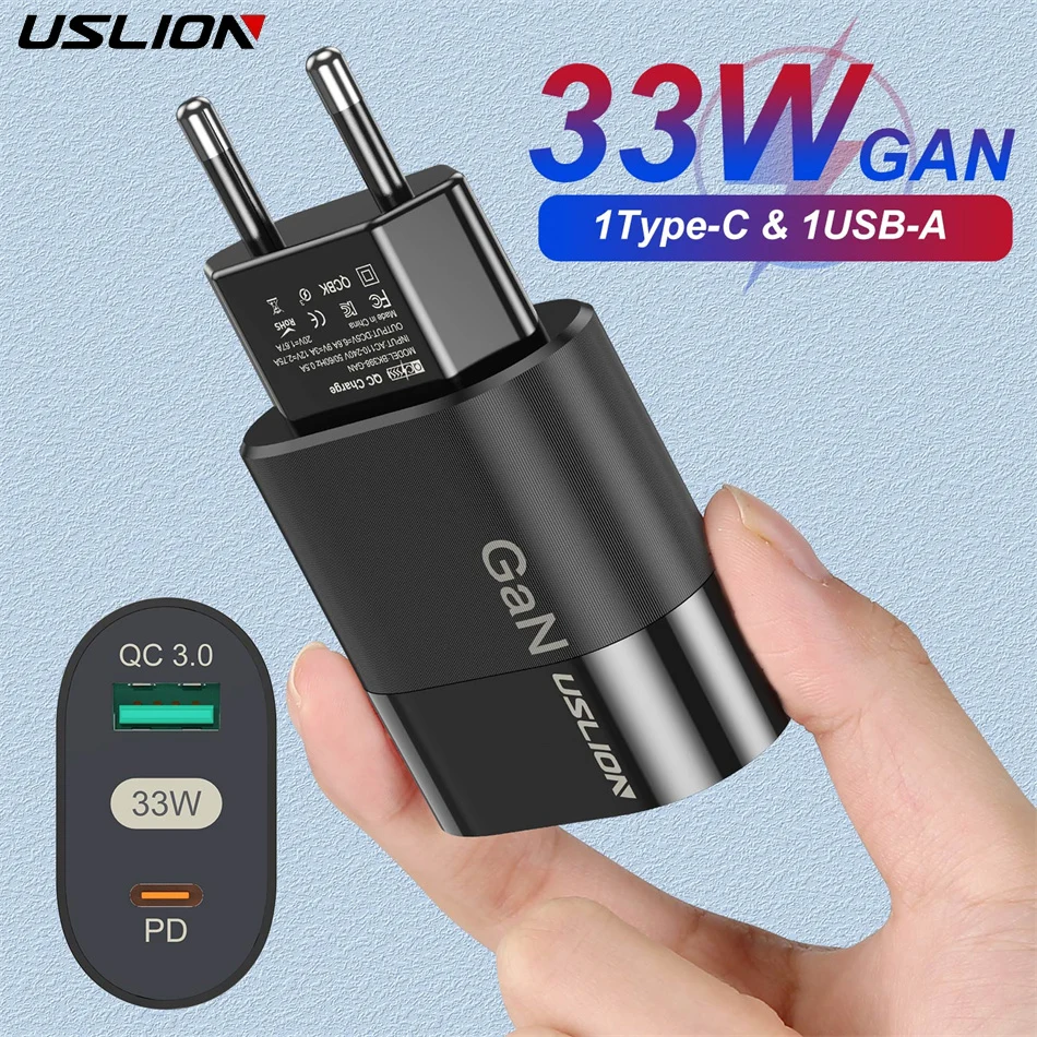 USLION 33W Type C PD GaN Charger Fast Charger QC3.0 EU US Specification Plugs Adapter For iPhone 14 11 Tablet Laptop Samsung