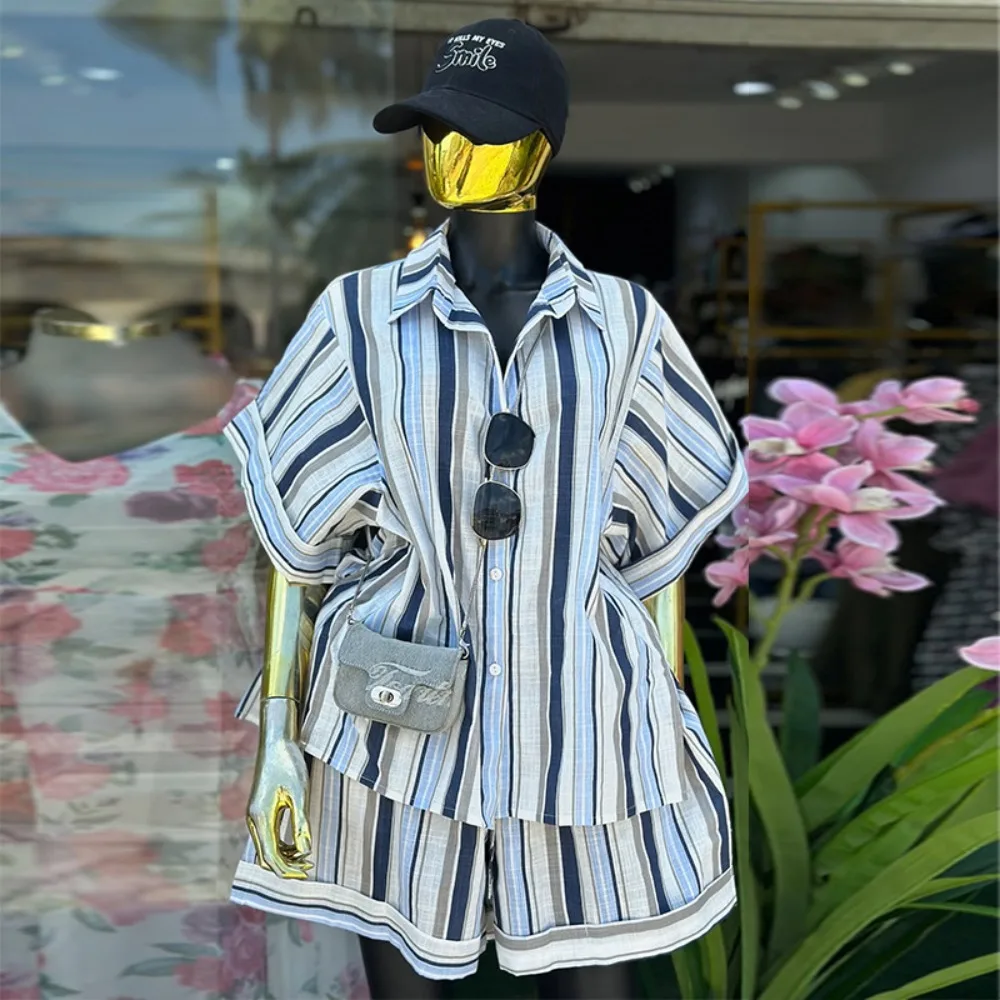 2026 New Sweet Fresh Striped Lapel Short Sleeve Shirt High Waisted Straight Leg Shorts Casual Summer Two Piece Outfit