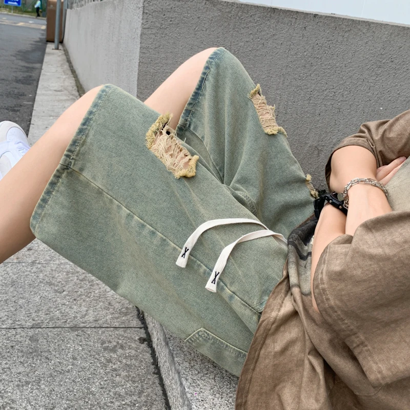 Black Washed Hole Denim Shorts Men's Design Summer Poor Five-Point American High Street Middle Pants Casual Loose Straight Leg