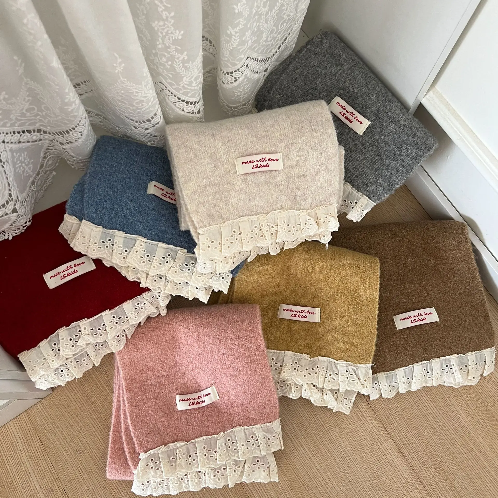 2-12 Years French Lace Solid Color Knitted Scarf Girls Autumn and Winter Versatile Warm Neck Protection Wool Scarves