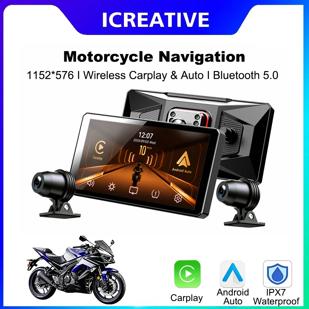 6 Inch Dual DVR 1080P Motorcycle Wireless Carplay Android Auto HiCar Navigation GPS Stereo IPX7 Waterproof Siri Voice Monitor