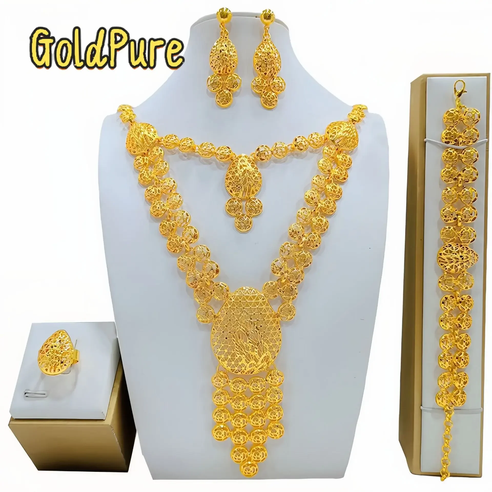 

Goldpure 24K real gold 9999 yellow gold Jewelry suit Long Necklace suit Bracelet Ring Earrings Wedding Necklace