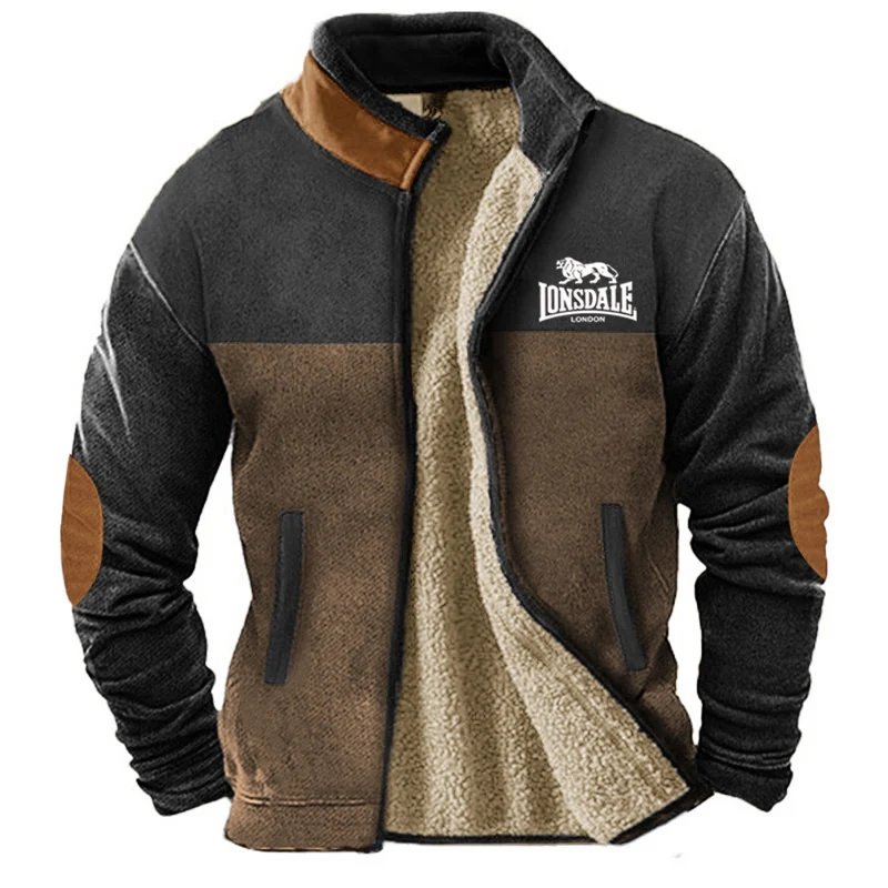 Men's Retro Cotton Jacket with Thick Fleece and Stand-Up Collar, LONSDALE Top Jacket, Loose Plus Size Jacket
