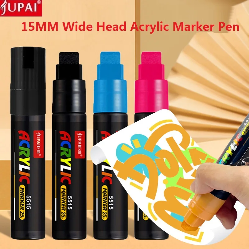 Jupai 1pcs Art Acrylic Marker, Water-based High-capacity Vibrant Permanently POP Poster Art Paint Markers, 2/8/15mm Flat Tip Pen