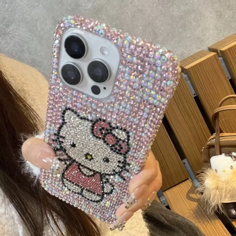 Hello Kitty Strass Bling Kristal Telefoonhoesje Keten voor IPhone 16 12 13 14 15Pro Max X Xs XR 2 3 10 Transparante Bumper Cover