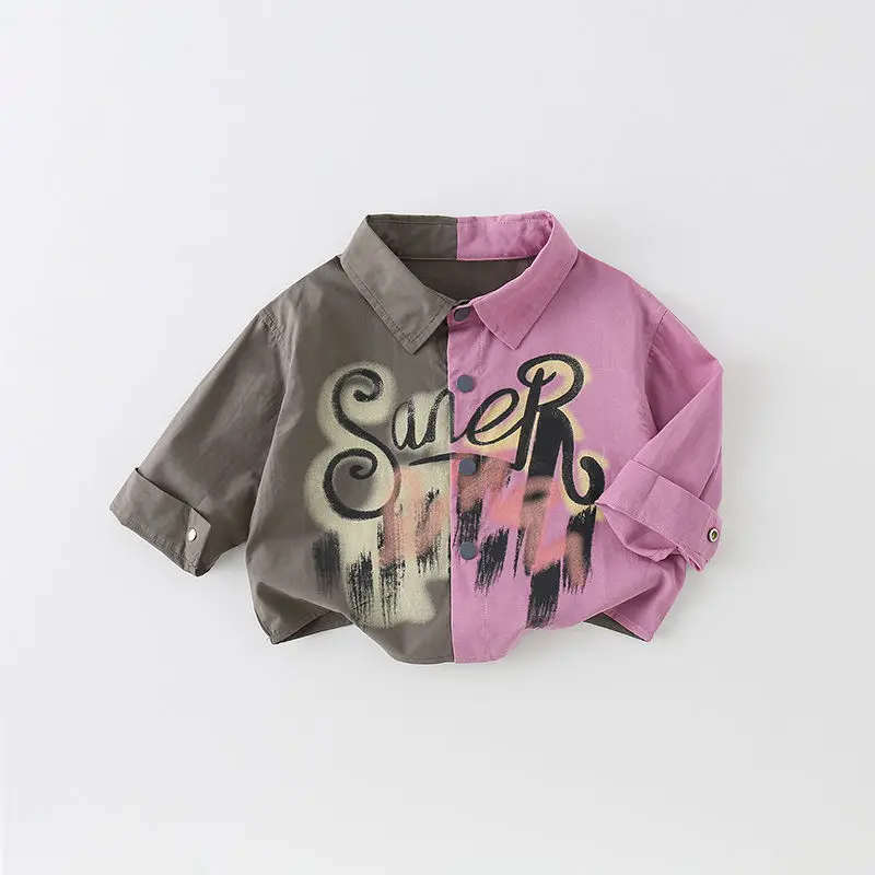 

New Spring and Autumn Boys' Long sleeved Top Coat with Color Contrasting Alphabet Fashionable Cool Handsome Baby Shirt