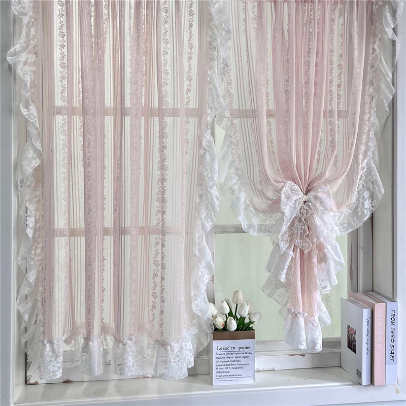 Korean Romantic Pink Striped Flower Lace Sheer Curtain with White Ruffled Lace Rod Pocket For Living Room Bedroom Kitchen