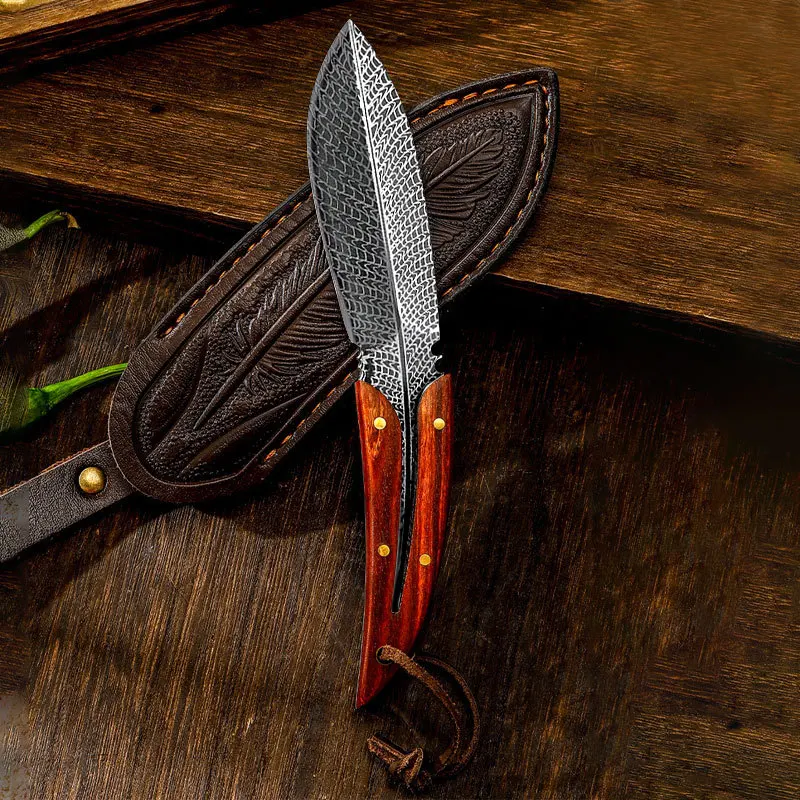 Multifunctional Portable Outdoor Knife, Stainless Steel Feather Pattern for Camping BBQ Kitchen Fruit