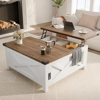 Image Lift Top Coffee Table, Square Coffee Table with Hidden Storage, Wood Coffee Table with Charging Station and Barn Door