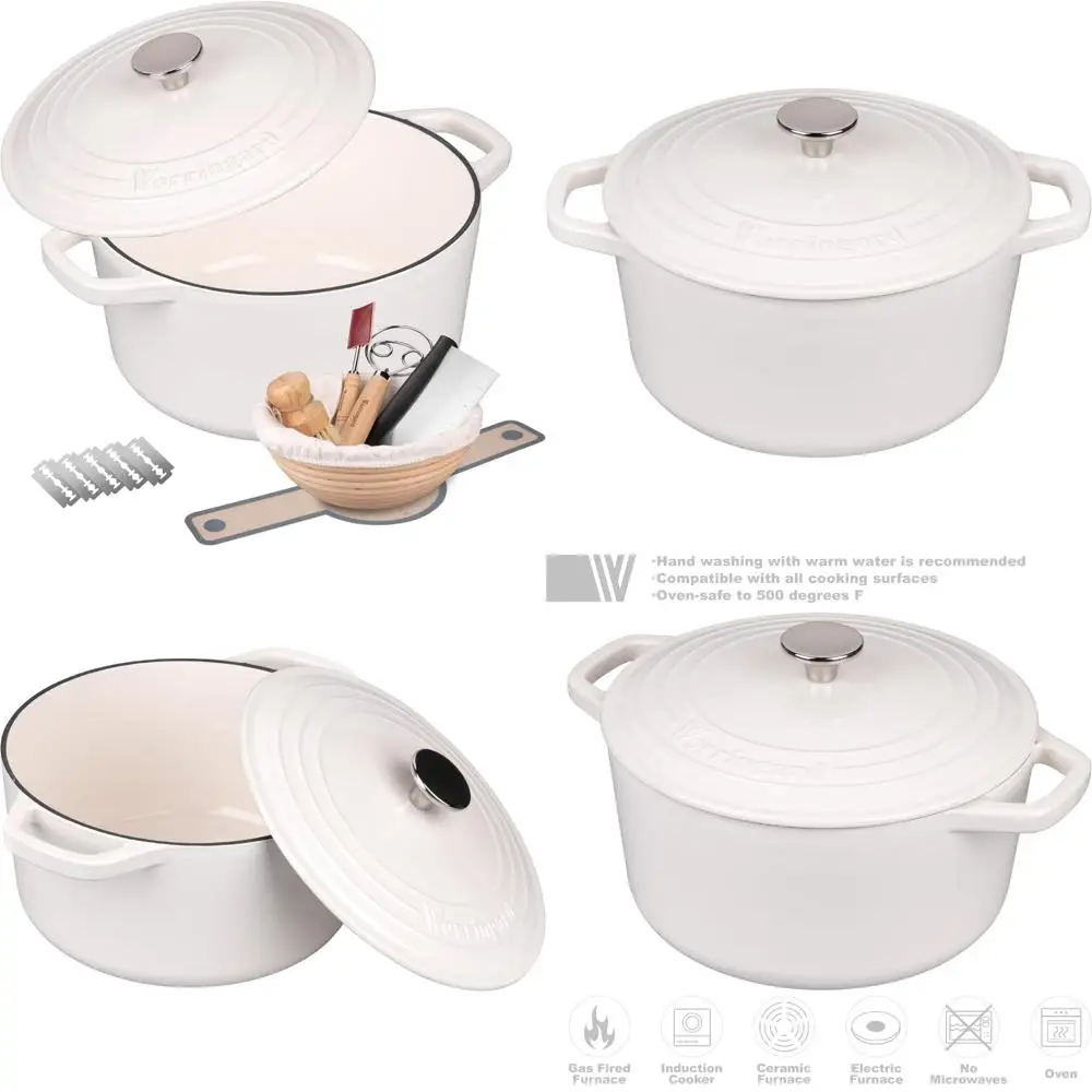 

Round Enamel Cast Iron Dutch Oven Pot with Lid for Sourdough Bread Baking, 4.5 Quart, Includes Bread Baking Supplies Set