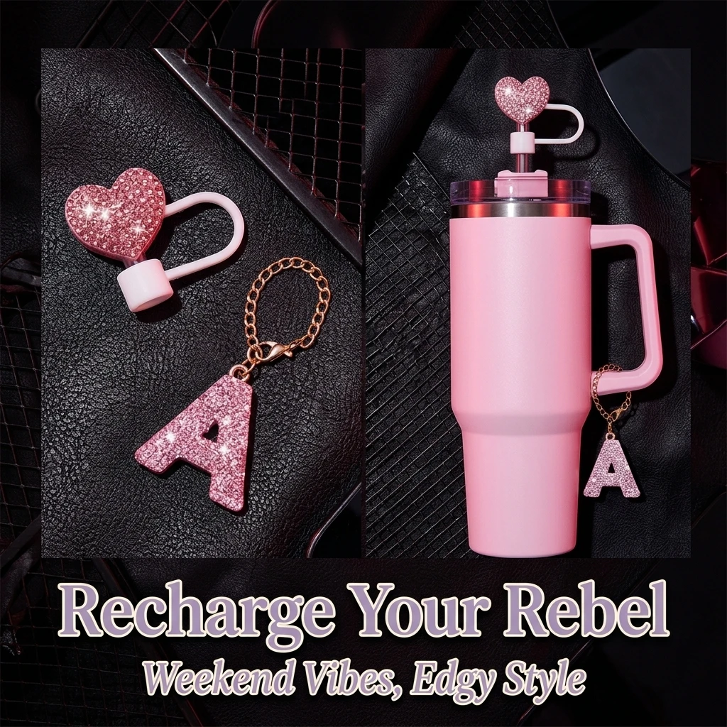 Glitzernde Strohhalmabdeckung und Charm-Set für Stanley 40oz Becher, Perfektes Geschenk, Glam Punk Pink Strass Becherzubehör zur Becherdekoration