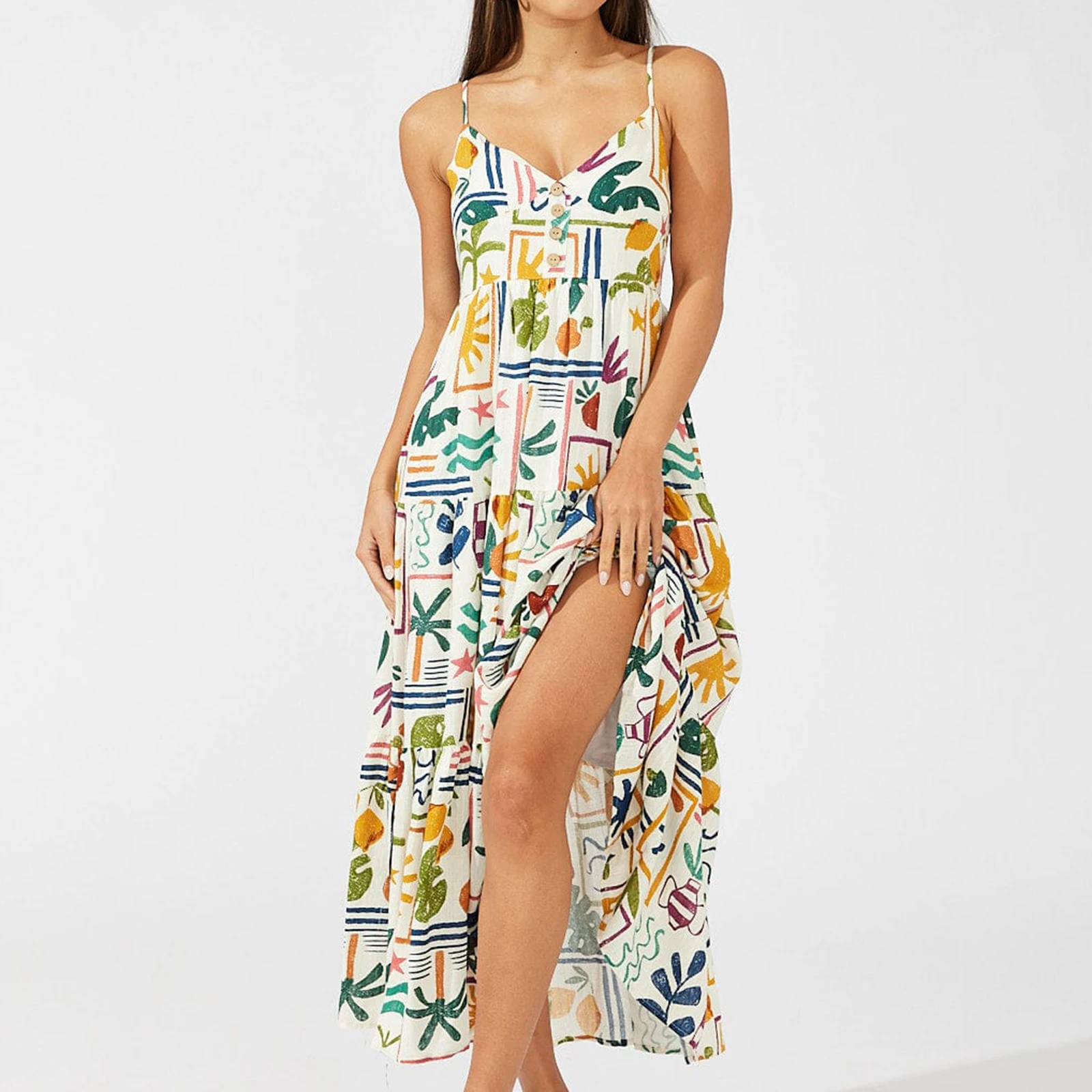 Summer Women's Elegant Cami A-Line Dress Palm Leaves Print Sleeveless Spaghetti Strap Sexy V-Neck Long Dress