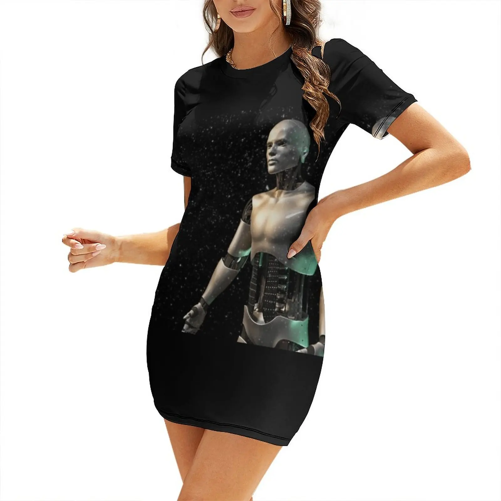 futuristic robot, shiny android man surrounded by glittery dust Short Sleeved Dress Dress women