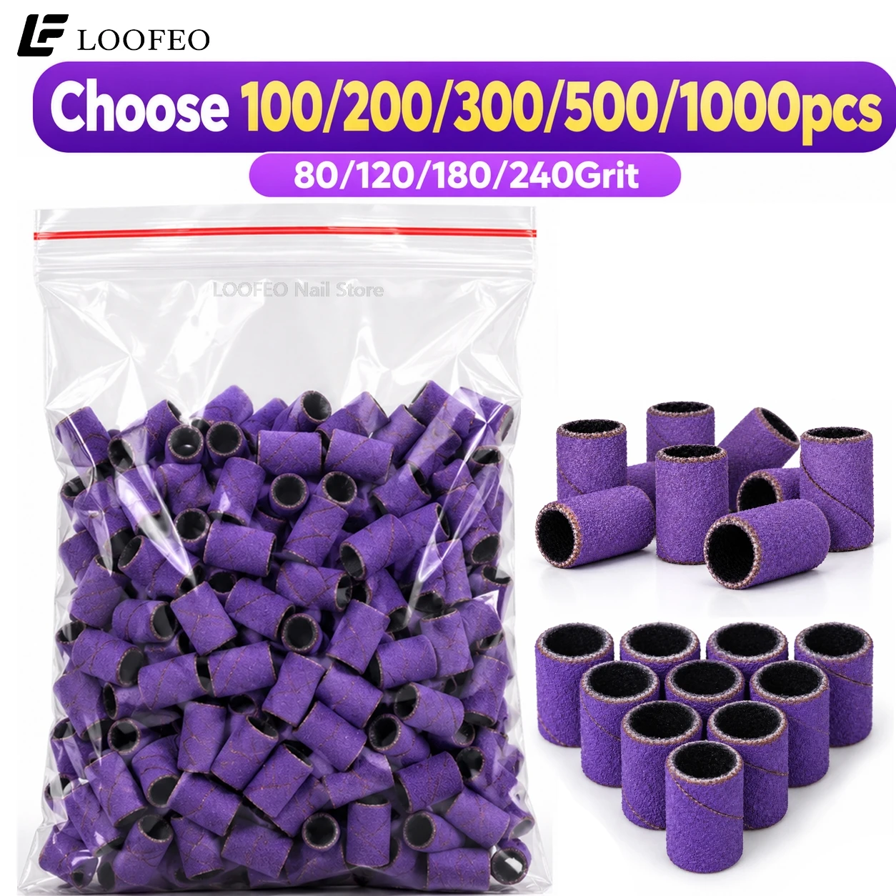Purple Nail Sanding Bands for Electric Nail Drill 6mm 80/120/180/240 Grit  E-File Sleeves for Acrylic Gel Manicures Pedicure Set