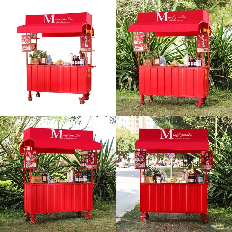 Wrought Iron Food Cart Outdoor Snack Stall Mobile Dining Car Street Market Flower Display Stand Commercial Vendor Trolley