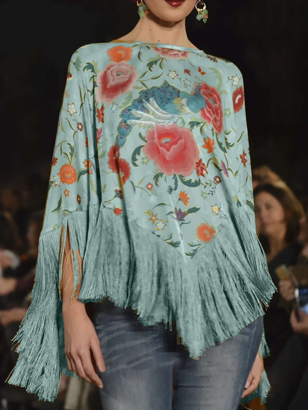 

Women Vintage Floral Poncho Tops 2026 Spring Elegant Pullover Irregular Tassel Hem Cape Cloak Pull Femme Bohemian Cover Up