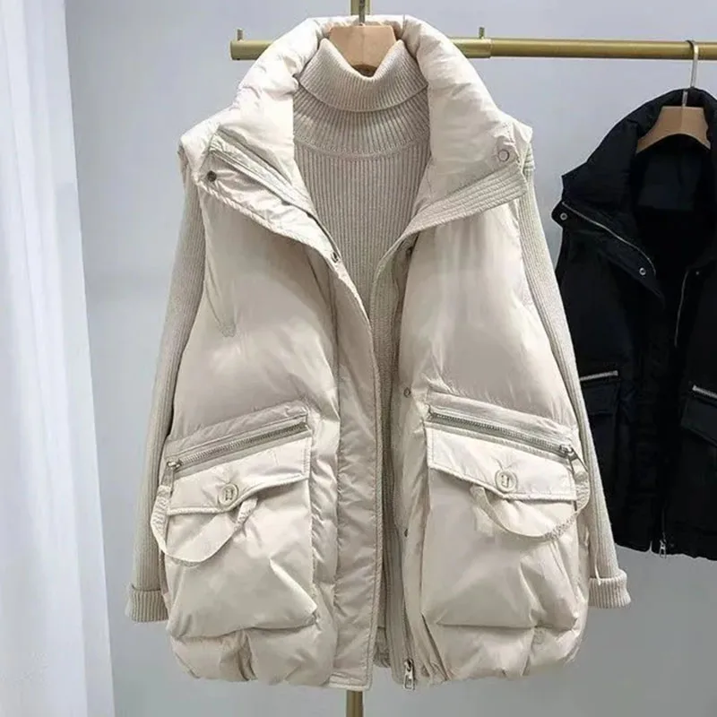 

2025 женский свободный жилет с хлопковой подкладкой, корейский женский однотонный жилет-пуховик, зимнее женское модное пуховое хлопковое пальто