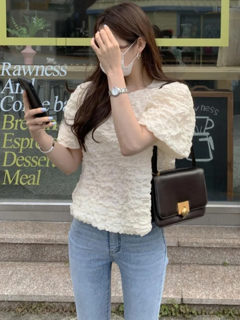 Csa Bubble 3D Retro Fena, Estilo Chic, Sensação de Alta Qualidade, Top de Manga Curta, Csa Versátil e Anti-Envelhec...