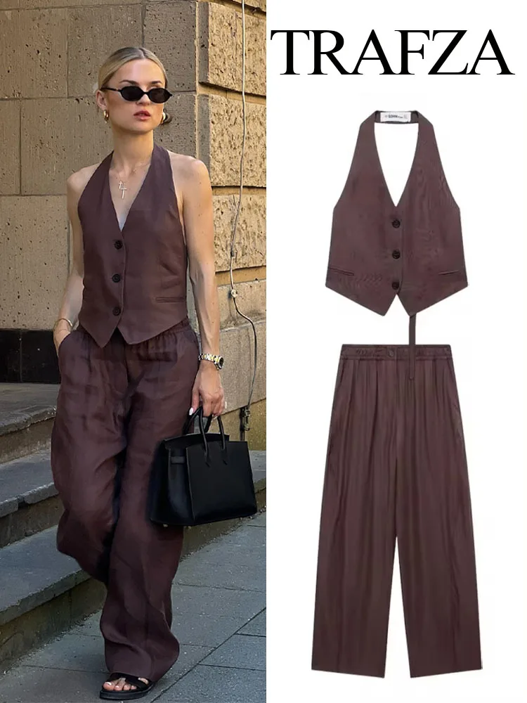 TRAFZA 2024 Summer Women Fashion Trouser Suits Flax Backless Halter Neck Camis Top + Chic Elegant Female Wide Leg Long Pant