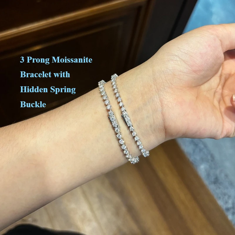 3 Claw D Color Full Moissanite Tennis Bracelet 2.5/3mm Hidden Buckle S925 Sterling Silver Iced Out Link Chain Bracelet Unisex For Men Women Hip Hop Jewelry