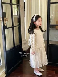 Sweater Dress Spring and Autumn New Korean Fashion Knitted Shirt Sweater Dress Mesh Splicing Princess Skirt Kids Clothes