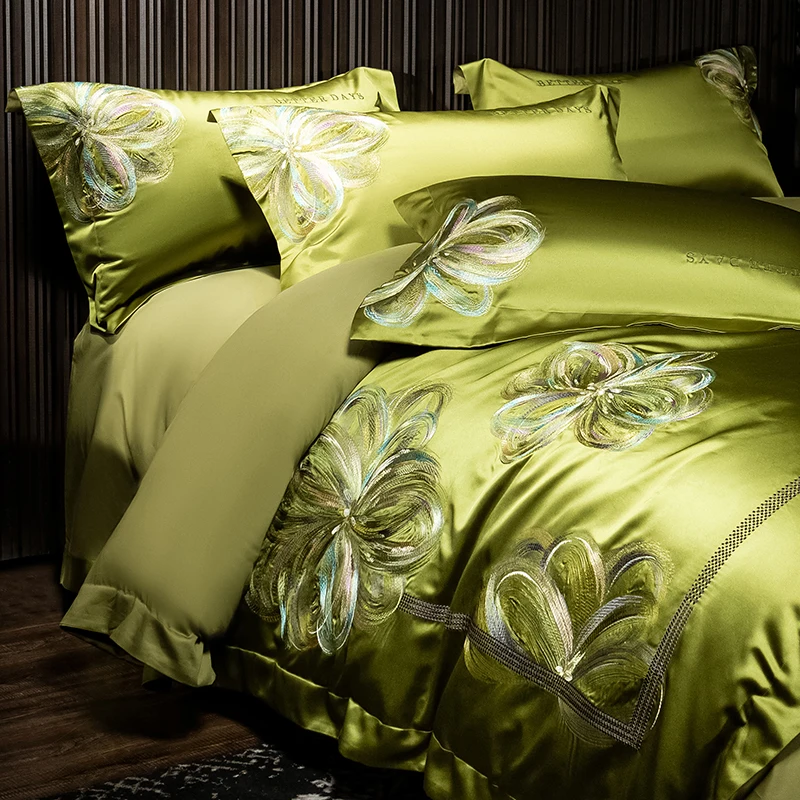 Luxury Gongsatin Silk Cotton Bedding Set Colorful Embroidery Quilt Cover Bed Sheet Pillowcases 4-piece Queen Size Bedclothes