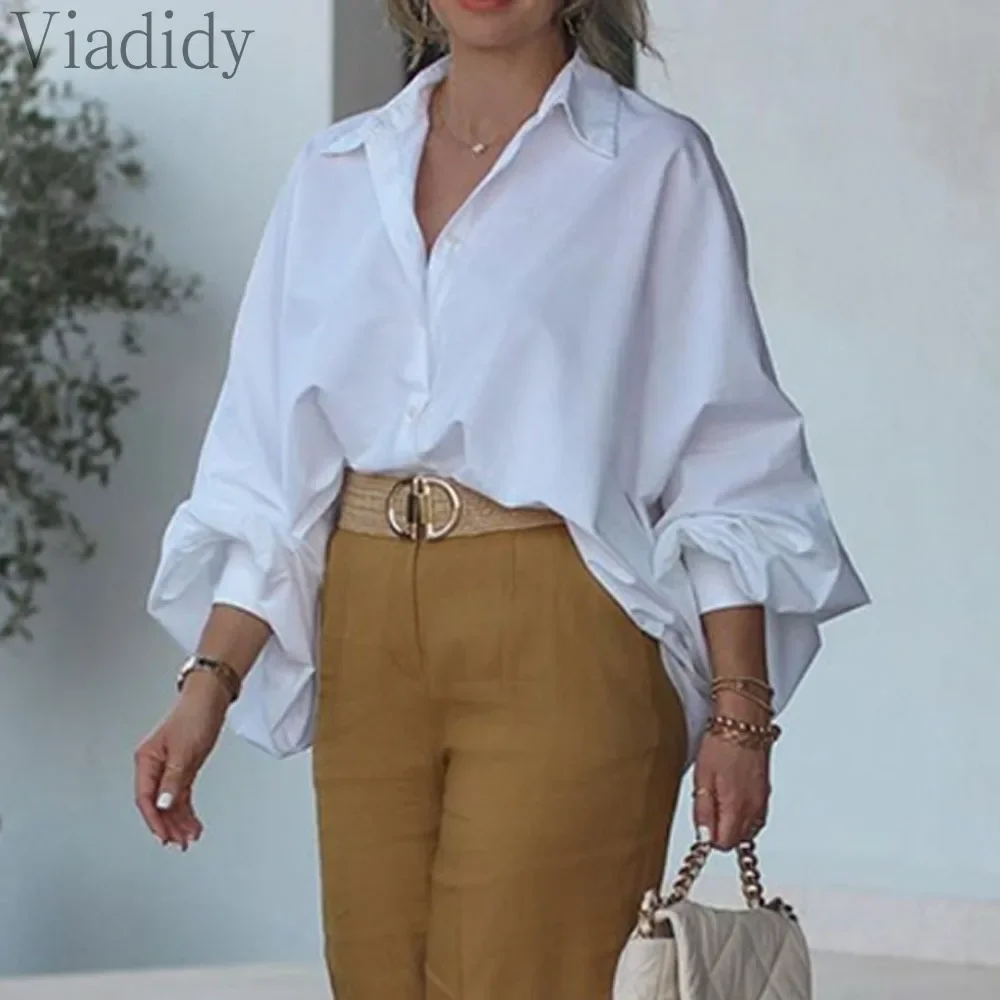 

Women's Casual Turn-down Collar Lantern Sleeve Button Down Blouse Top