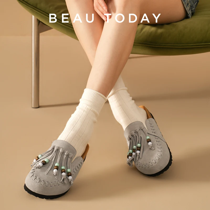 

BEAUTODAY Mules Women Cow Suede Leather String Bead Tassel Round Toe Platform Slippers Summer Ladies Shoes Handmade 34146