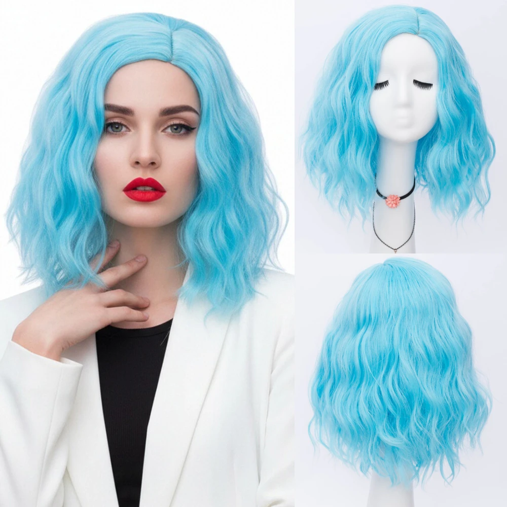 

Short Wavy Bob Synthetic Wig Blue Middle Part Line Heat Resistant Fiber for Women Cosplay Cute Wig