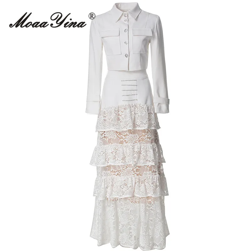 

MoaaYina Fashion Single Breasted Lapel Double Pocket Top+Layered Lace Hollow Out Lower Skirt Two-Piece Set