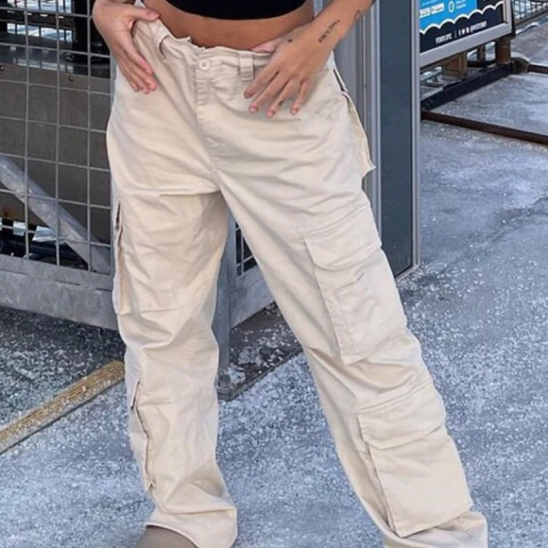 HYRAX Trousers Female American Street Handsome Pockets Retro Solid Color High Waist Motion Personality Straight Overalls