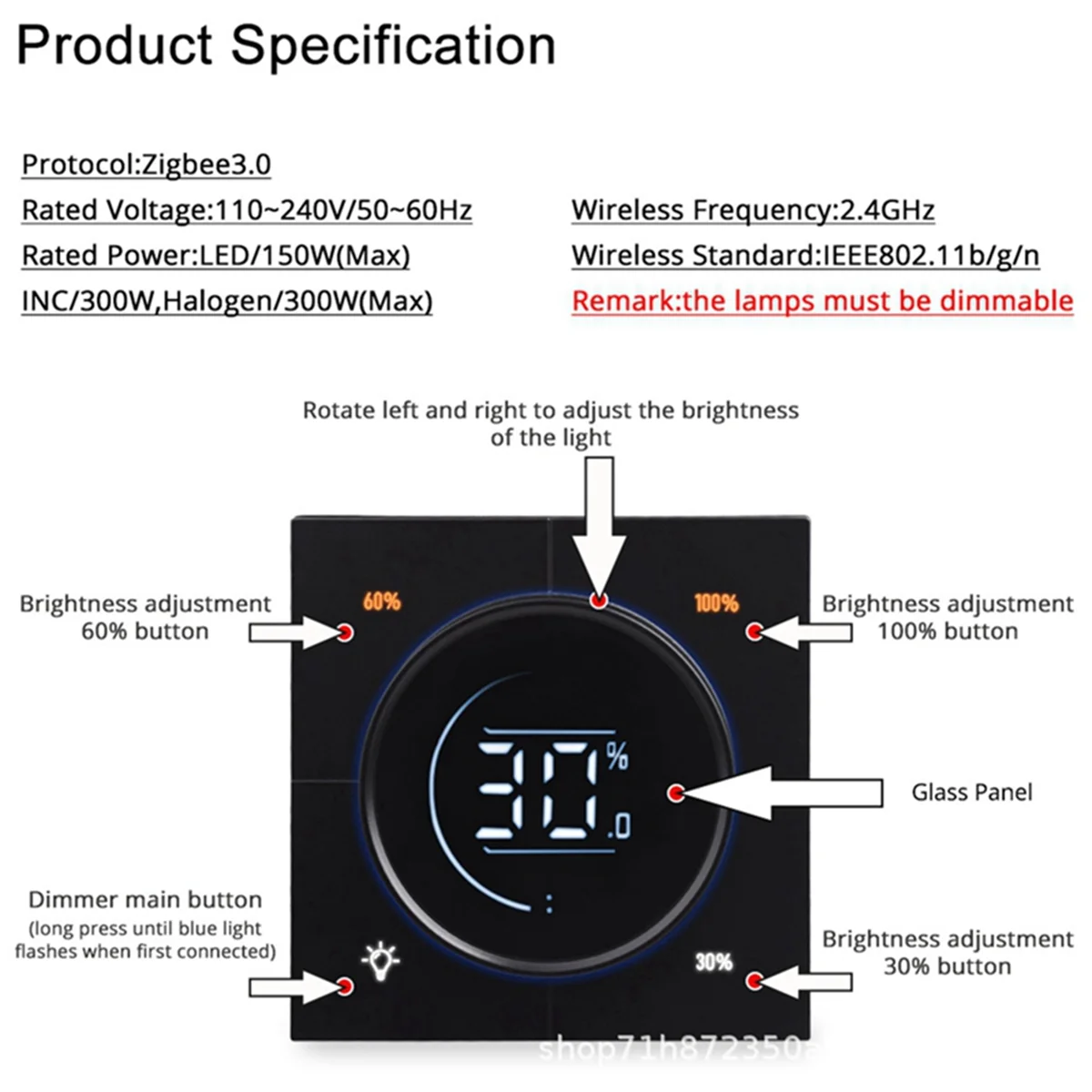 Infinite Knob Dimmer Regulator Zigbee 3.0 PC Panel Wall Light Switch 150-300W AC 110-240V Digital LCD Yandex(Gray)