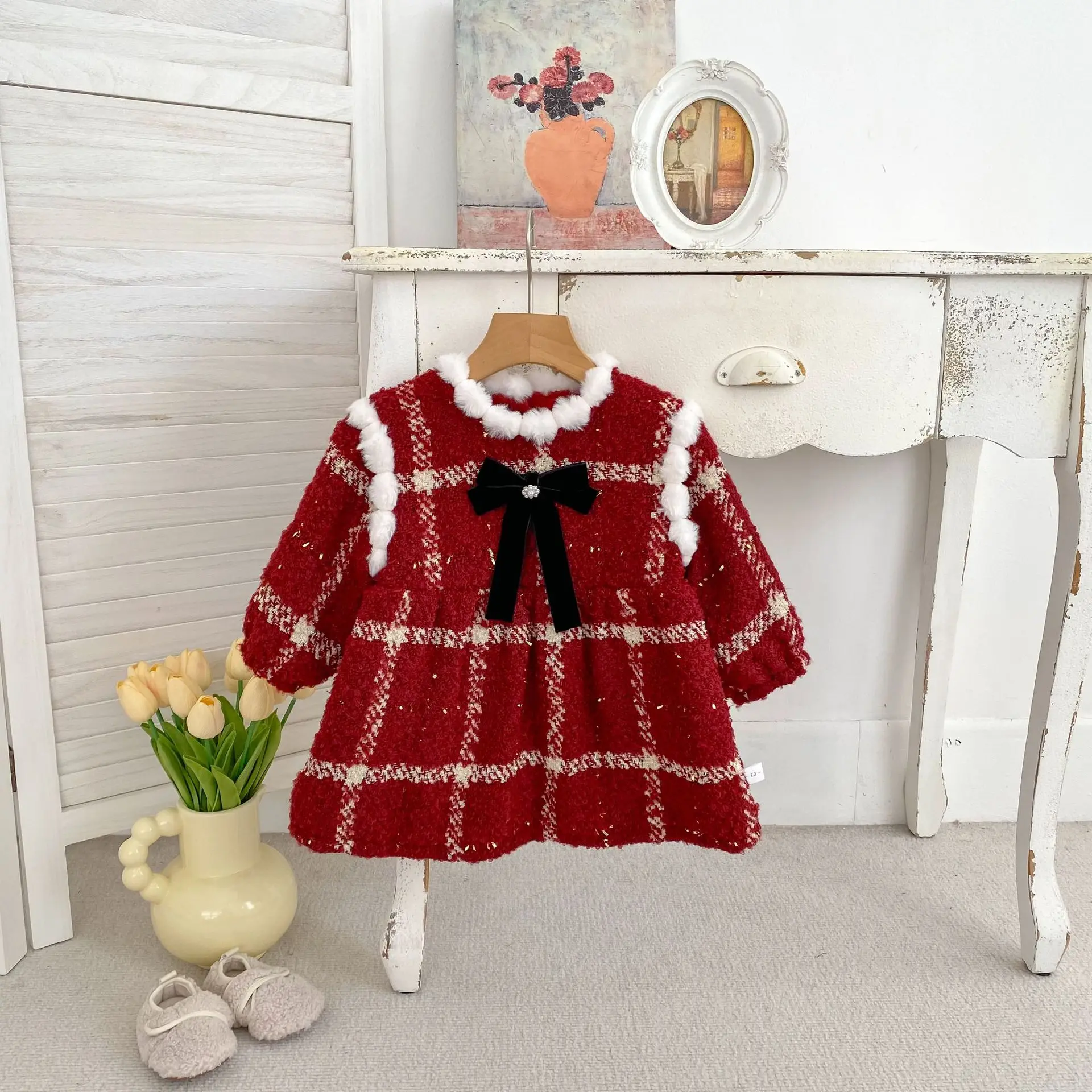 Baby Girl Christmas Princess Dress 2025 Winter New Girls Sweet Bow Fleece Dress Children Long Sleeve Dress Plus Velvet Thick