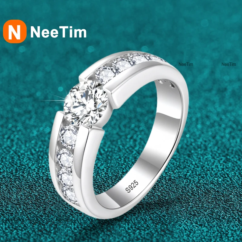 

NeeTim Full Moissanite Wedding Ring for Men 925 Sterling Silver with Gold Plated Eternity Band Man's Lab Diamond Party Rings