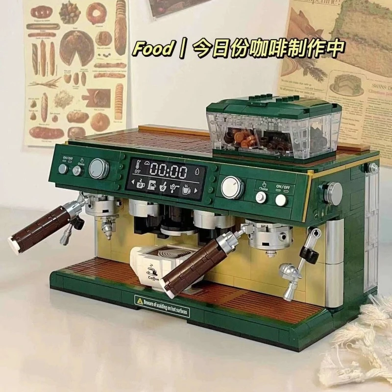 

Green Retro Double Position Coffee Machine Building Blocks Bean Grinder Classic Coffee Machine Puzzle Assembly Decor Toys For Gi