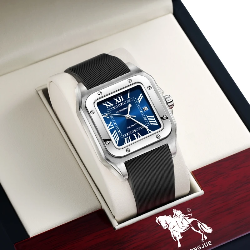 Men's Square Mechanical Watch, Fully Automatic Mechanical Movement, Roman Numeral Dial, Calendar Display, Rubber Strap, Skeleton Design, Waterproof Wristwatch, Business Casual Luxury Men's Watch, Trendy Fashion Commuter Watch, Preferred Choice for Gift-Giving and Personal Use, Precise Timekeeping, Wear-Resistant Case, Comfortable to Wear, Suitable for Daily Business and Various Occasions