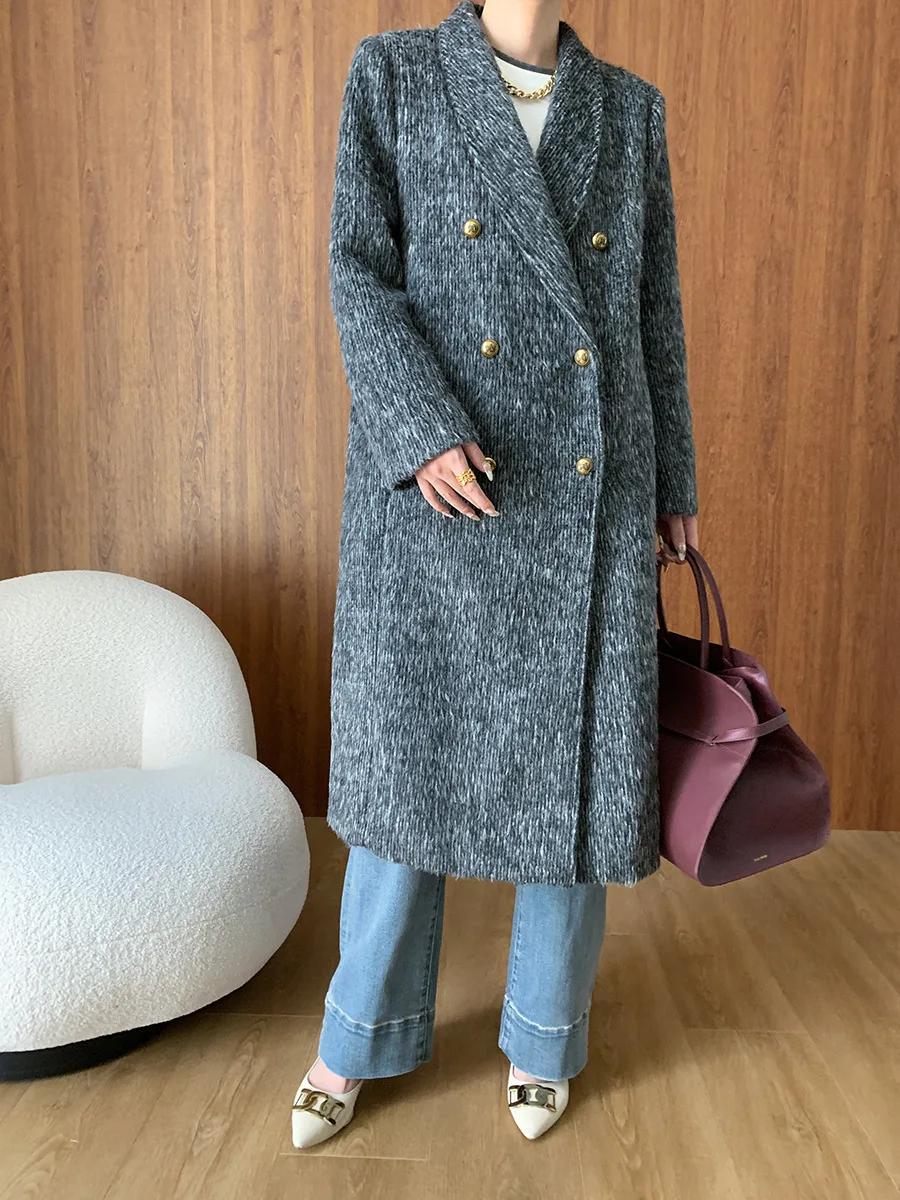 Autumn and winter women\'s casual solid color double breasted long coat